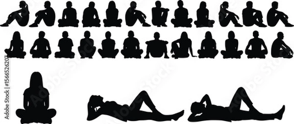 Fototapeta Silhouettes of people sitting cross-legged, reclining poses, meditation posture, yoga sitting, relaxed body language, mindfulness, calm position, peaceful rest, human figure set