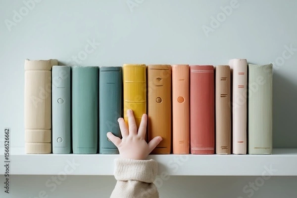 Fototapeta A child's hand reaches out to a row of antique books on a minimalist wooden shelf.