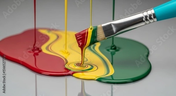 Fototapeta Vibrant Paintbrush Strokes - Close-up of a paintbrush mixing red, yellow, and green paints, creating swirling patterns