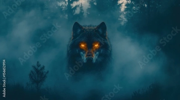 Fototapeta A menacing wolf with glowing orange eyes in a misty forest at night.