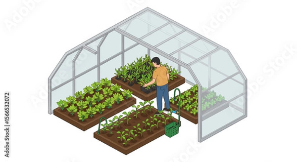 Obraz Isometric vector illustration of a greenhouse with person gardening for eco-friendly design