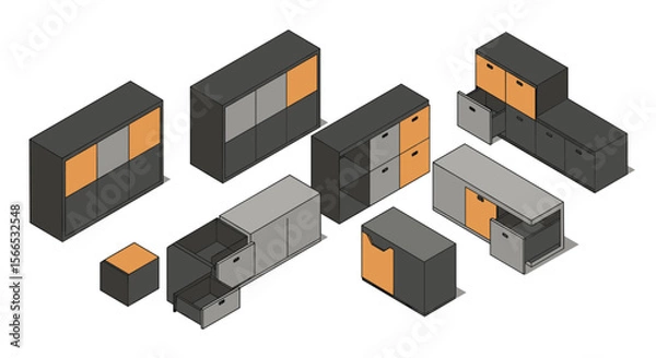 Fototapeta Isometric vector illustration of modular storage furniture design for interior spaces