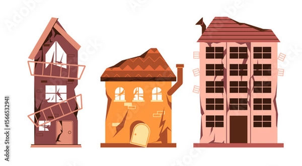 Obraz Old damaged dilapidated houses cracked walls broken windows collapsing roofs and structural damage representing abandonment destruction