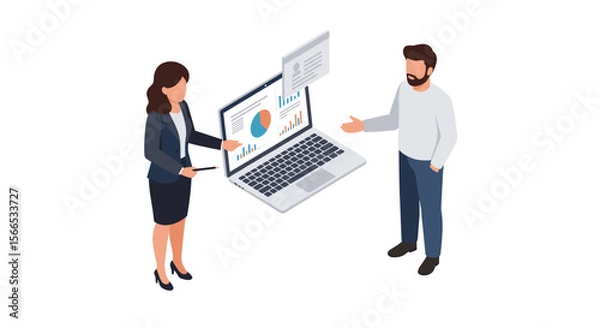 Fototapeta Business presentation and data analysis communication vector illustration in isometric style