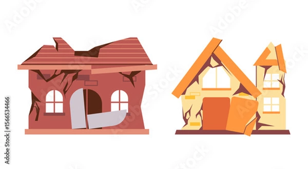 Obraz After disaster damaged dilapidated houses cracked walls broken windows collapsing roofs and structural damage representing abandonment destruction