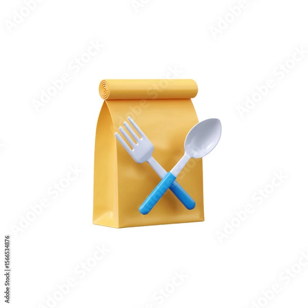 Fototapeta Yellow paper bag with a rolled-up top is accompanied by a white spoon and fork crossed over it