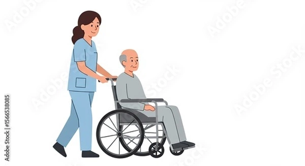 Fototapeta Illustration of a nurse pushing an elderly man in a wheelchair on a white background