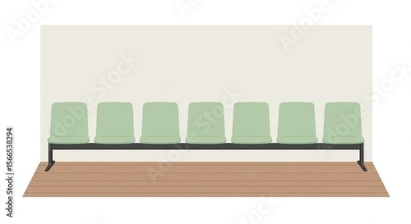 Fototapeta Illustration of a row of green chairs in a waiting room with a wooden floor