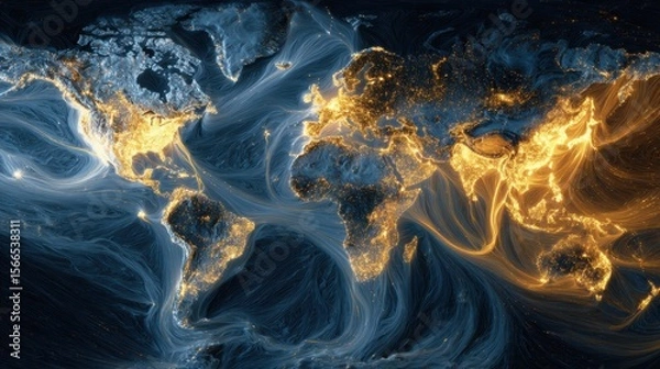 Fototapeta Abstract World Map With Illuminated Continent Shapes In Blue And Gold Against Dark Background