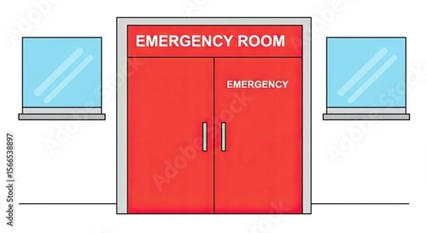Fototapeta Illustration of an Emergency Room Entrance with Red Doors and Windows on a White Background