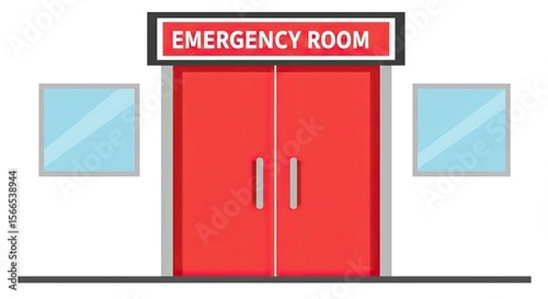 Fototapeta Illustration of an emergency room entrance with red doors and windows in a hospital