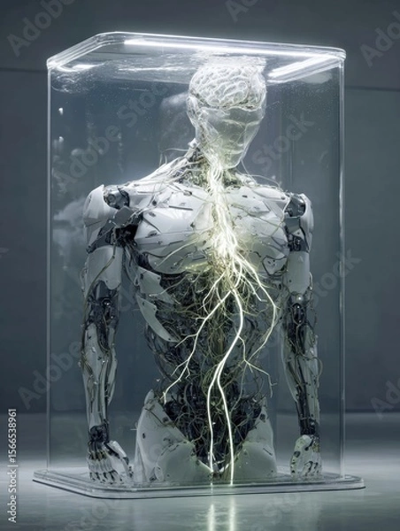 Fototapeta Bio-mechanical Android Suspended In A Transparent Tank With Nutrient Rich Fluid And Glowing Energy