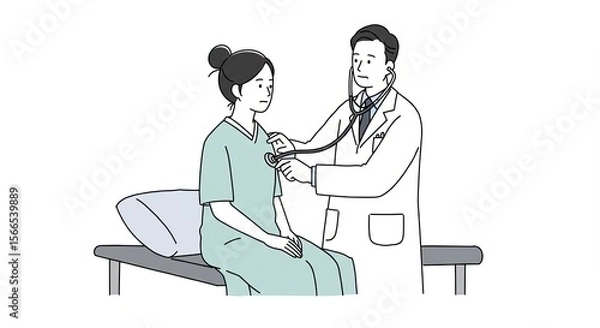 Fototapeta Medical examination with a doctor using a stethoscope on a female patient in an illustration