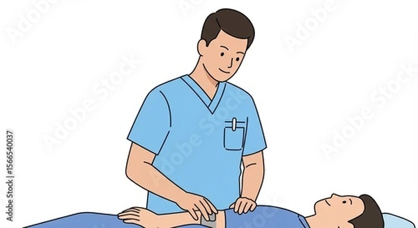 Fototapeta Medical professional performing an ultrasound scan on a patient's abdomen in illustration