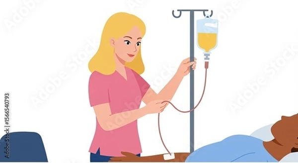 Fototapeta Nurse adjusting IV drip for patient lying in bed in a medical illustration