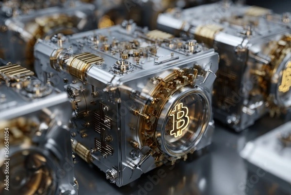 Fototapeta Close-Up View of Interlocked Chains with Digital Currency Symbols and Intricate Details