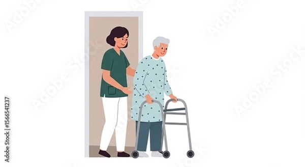 Fototapeta Nurse assisting elderly patient with walker in a hospital setting illustration