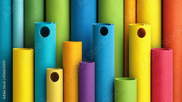 Fototapeta Brightly colored textured cylinders stand tall in a captivating abstract arrangement showcasing a spectrum of hues.