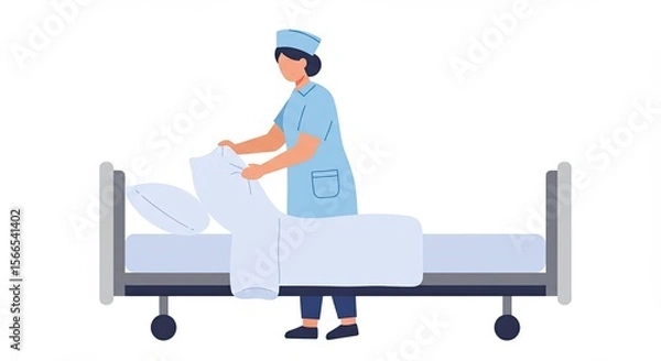 Fototapeta Nurse changing a bed and preparing a hospital room for a patient's arrival