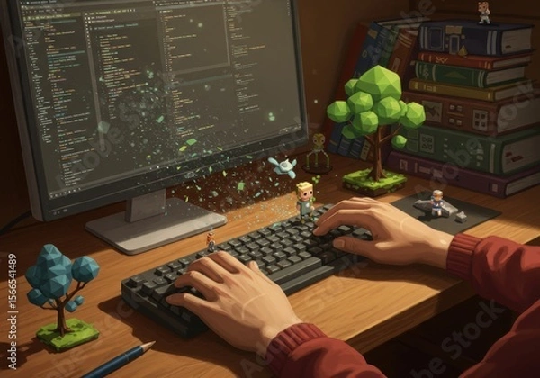 Fototapeta Creative Desktop Scene with Fantastical Elements and Hands Typing on Keyboard in Warm Lighting