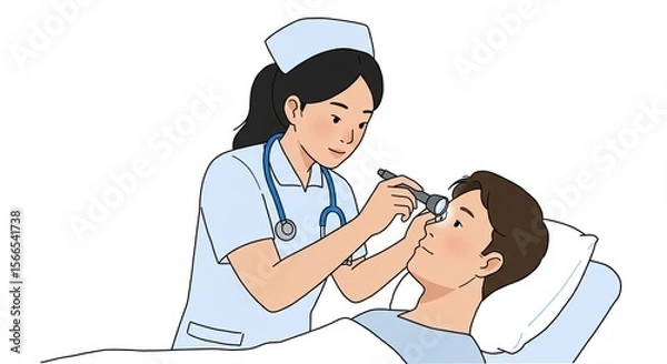 Fototapeta Nurse examining patient's eye with a flashlight in a medical illustration scene