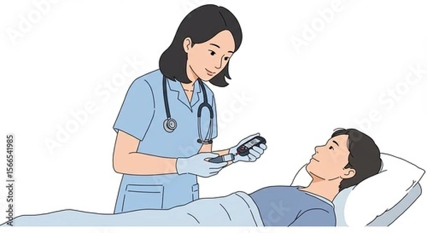 Fototapeta Nurse Taking a Blood Glucose Reading from a Patient Lying in a Hospital Bed