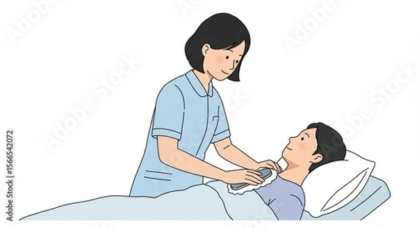 Fototapeta Nurse taking the temperature of a patient lying in bed, healthcare concept illustration