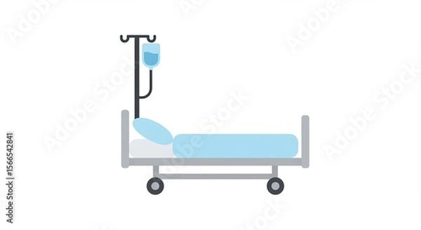 Fototapeta Simple illustration of an empty hospital bed with an IV drip stand, flat design