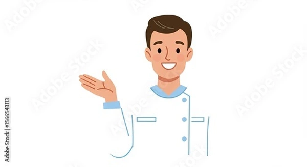 Fototapeta Smiling male character in medical uniform gesturing with open hand on white background