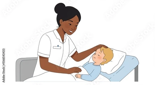 Fototapeta Smiling nurse comforting a sleeping child in a hospital bed during a checkup visit