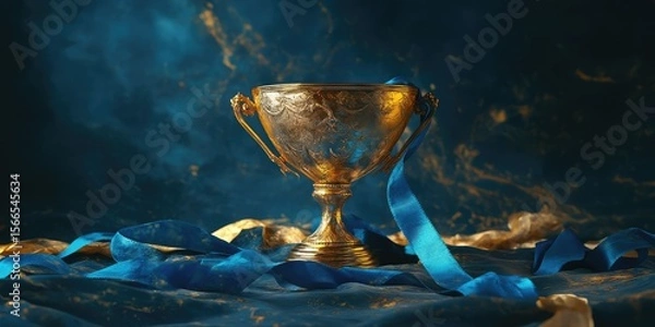 Fototapeta Winner trophy with flames and blurred background, generative ai