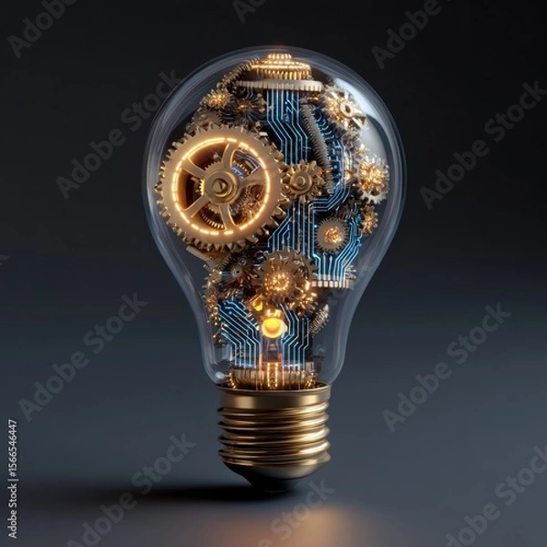 Fototapeta Glowing Classic Glass Lightbulb Filled With Intricate Gears And Circuitry Against Dark Background