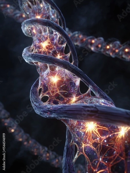 Fototapeta Glowing Double Helix Structure With Intricate Patterns And Brilliant Lights In A Dark Background
