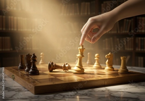 Fototapeta Golden Chess Piece Movement In A Library
