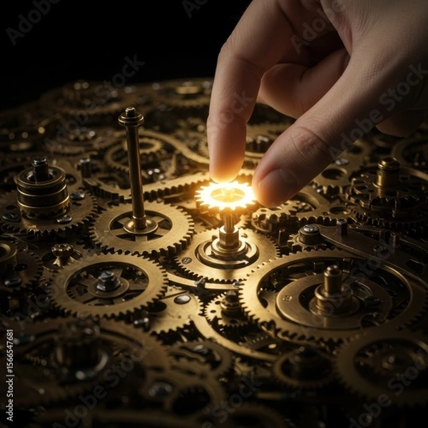 Fototapeta Hand Adjusting Golden Gear Among Intricate Clockwork Mechanism With Warm Lighting