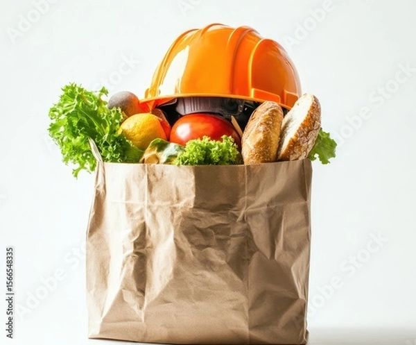 Fototapeta An accounting concept with a paper bag and food items in the shape of a head wearing a construction helmet on a white background, detailed illustration.