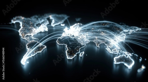 Fototapeta High-Tech 3D World Map With Illuminated Connections And Network Overlays
