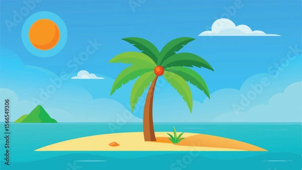 Fototapeta Tropical Island Landscape Illustration with Palm Tree and Ocean
