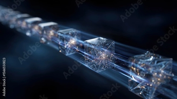 Fototapeta Magnificent Floating Chain Of Interlocking Transparent Cubes Emitting Soft Glowing Light
