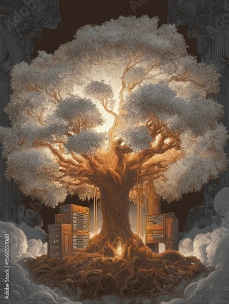 Fototapeta Majestic Ancient Tree With Stylized Canopy Illuminated By Soft Glow