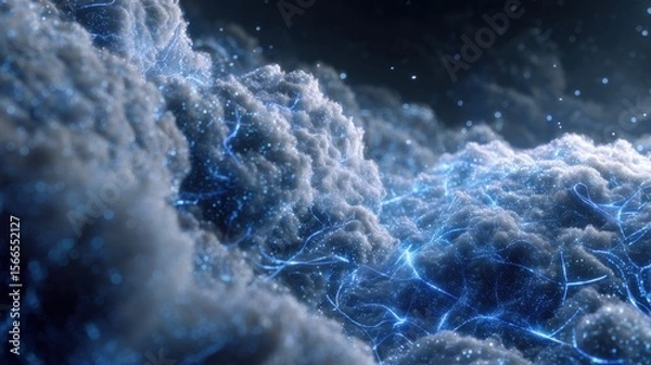 Fototapeta Mystical Abstract Scene of Clouds with Glowing Blue Energy in a Vast 3D Environment