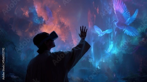 Fototapeta Person Experiencing Immersive Virtual Reality with Colorful Fantasy Creatures in Dreamlike Scenery
