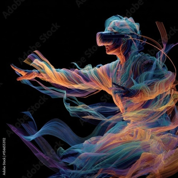 Fototapeta Person In Virtual Reality Headset Reaching Out In An Abstract Dark Void With Colorful Light Trails
