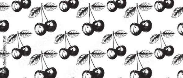 Obraz Seamless Vintage Cherry Engraving Pattern with Botanical Detail, perfect for Summer Branding, Retro Packaging, and Farmhouse Decor.