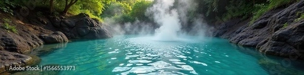 Fototapeta Tranquil Geothermal Hot Spring Lush Greenery, Volcanic Rock, Relaxing Wellness Water Feature