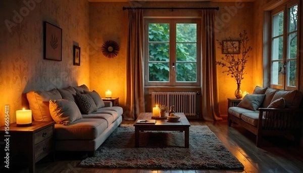 Fototapeta Cozy Candlelit Interior Warm and Inviting Home Scene with Soft Shadows on Wooden Furniture and Textured Walls, Perfect for Relaxation and Home Decor Themes