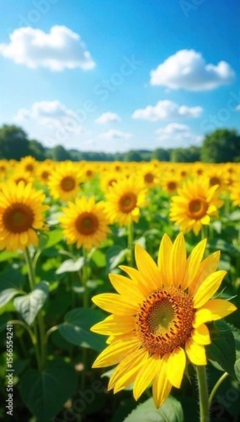 Fototapeta A vibrant field of sunflowers in full bloom, stretching to the horizon under a bright summer sky Golden petals and tall green stalks create a stunning natural landscape , countryside, bright