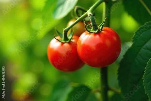 Fototapeta Ripe Red Tomatoes on the Vine A Close-Up of Summers Bounty, Vibrant Colors and Juicy Texture Perfect for Healthy Eating and Gardening Themes.