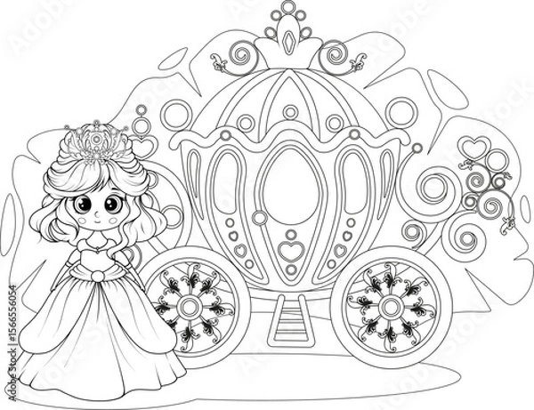 Fototapeta Princess and royal carriage. Coloring page for kids