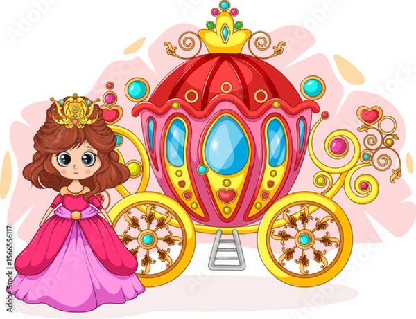 Fototapeta Cute princess and royal carriage. Vector illustration for kids